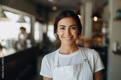 Cheerful brunette cafe owner in apron smiling, embodying warm customer service.