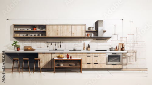 Drawing of a Linear Kitchen interior with refined modern style with light wood colors and sketch look