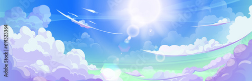 Anime style sky with clouds and sun. Vector cartoon illustration of beautiful heavenly gradient cloudscape, bright sunlight against blue background, sunshine flares in air, summer morning wallpaper