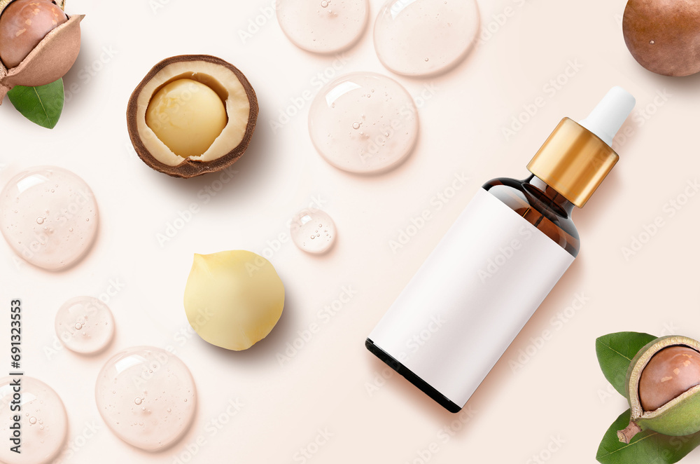 Fototapeta premium Shea butter drops of gel and serum with droplet bottle. Cleansing facial scrub, serum, shower gel or liquid soap drops.
