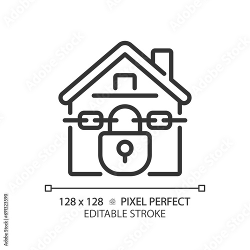 2D pixel perfect editable black foreclosed home icon, isolated simple vector, thin line illustration representing economic crisis.