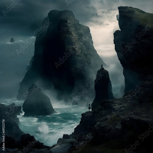 Photo Amidst a craggy landscape of towering cliffs and churning seas, a solitary figure cloaked in a garment adorned with intricate Viking designs stands on a precipice