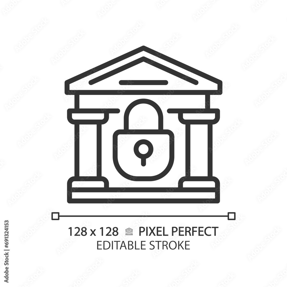 2D pixel perfect editable black closed bank icon, isolated simple vector, thin line illustration representing economic crisis.