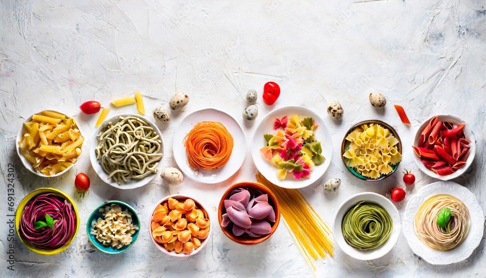 Dazzling Display: Top-View Extravaganza of Colorful Pasta Delights on Spaghetti Day Dazzling Display: Top-View Extravaganza of Colorful Pasta Delights on Spaghetti Day