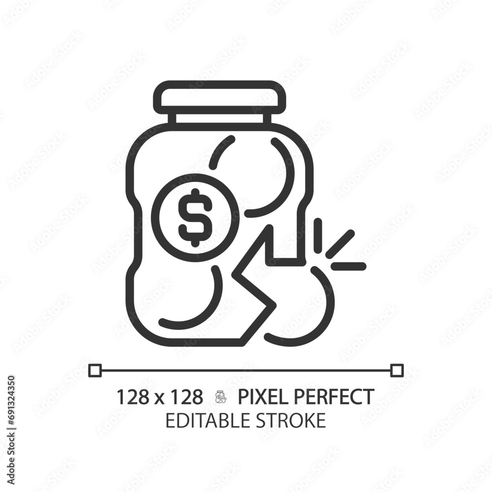 2D pixel perfect editable black broken glass jar icon, isolated simple vector, thin line illustration representing economic crisis. 2D pixel perfect editable black broken glass jar icon, isolated simple vector, thin line illustration representing economic crisis.