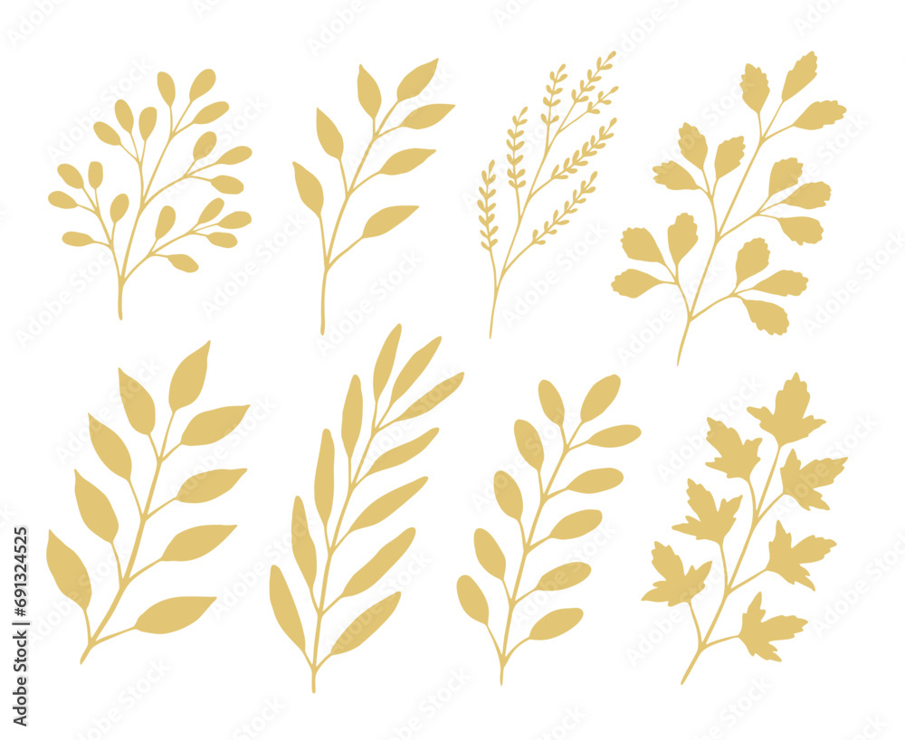 Hand-drawn golden leafy branches Hand-drawn golden leafy branches