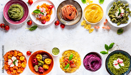 Dazzling Display: Top-View Extravaganza of Colorful Pasta Delights on Spaghetti Day