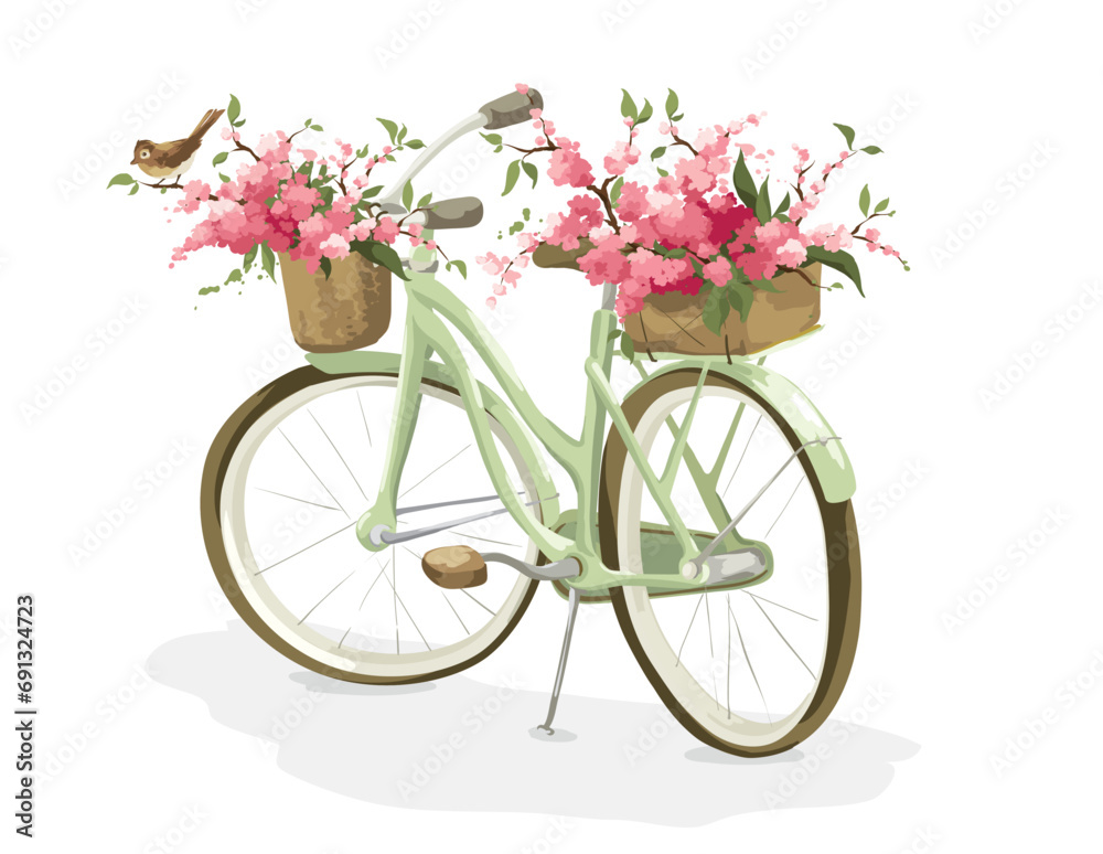 Retro bike with two baskets of flowers. Postcard with blossoming cherry or apple tree branches and little bird, congratulations on the spring holidays.