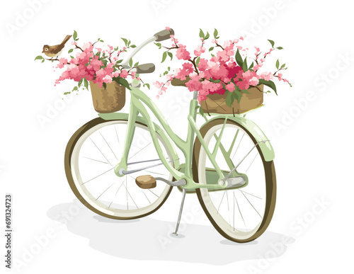 Retro bike with two baskets of flowers. Postcard with blossoming cherry or apple tree branches and little bird, congratulations on the spring holidays. photo