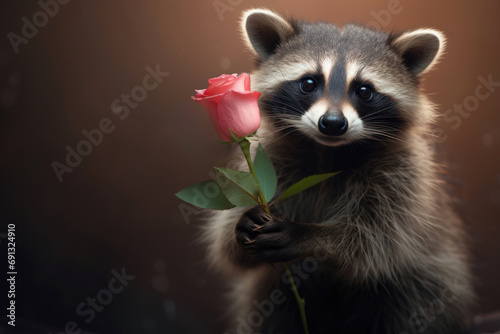 cute raccoon holding pink rose in paws