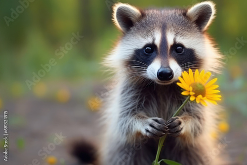cute raccoon holding yellow flower in paws outdoors with green background