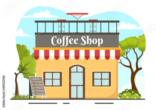 Fototapeta Naklejka Na Ścianę i Meble -  Coffee Shop Vector Illustration with Interior and Furniture Suitable for Poster or Advertisement in Flat Cartoon Background Design
