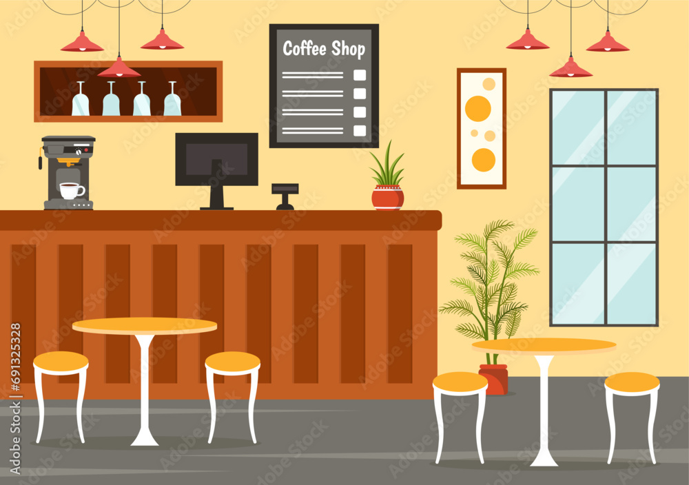 Fototapeta premium Coffee Shop Vector Illustration with Interior and Furniture Suitable for Poster or Advertisement in Flat Cartoon Background Design