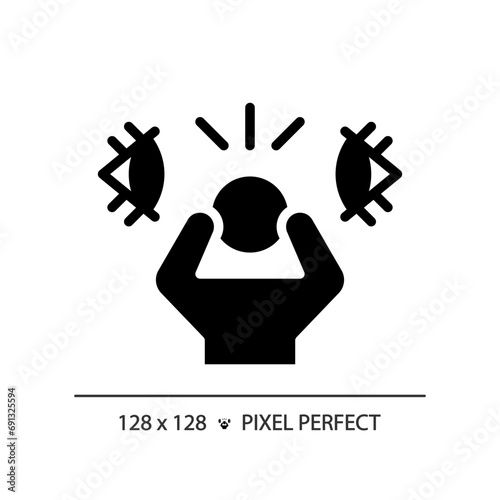 2D pixel perfect glyph style paranoia icon, isolated vector, silhouette illustration representing psychology.