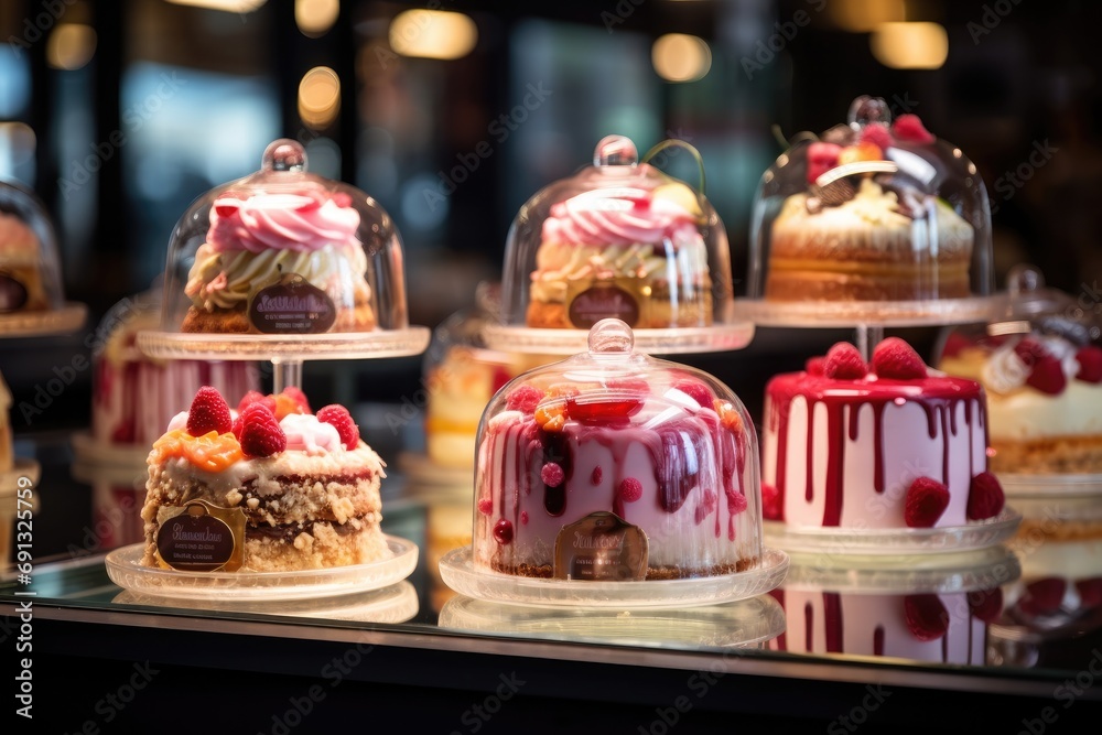 a display of cakes in a glass case,