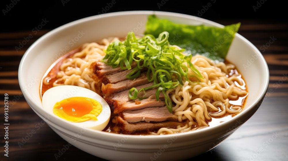 A drool-worthy image of a spicy bowl of ramen noodles, topped with slices of tender pork