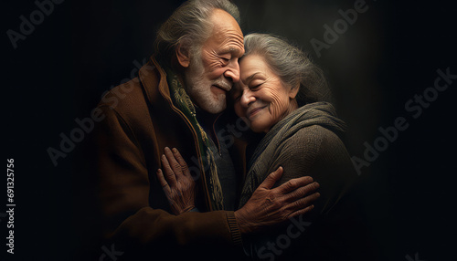 An older man and woman embracing with dark background, Generative AI. photo