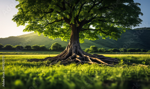 Majestic solitary tree standing tall with intricate root system and lush green canopy in a serene meadow, illuminated by soft backlight photo