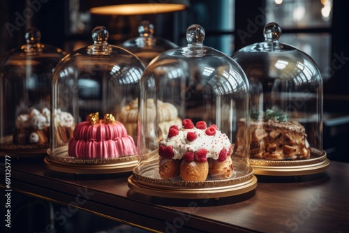 a display of cakes in a glass case,