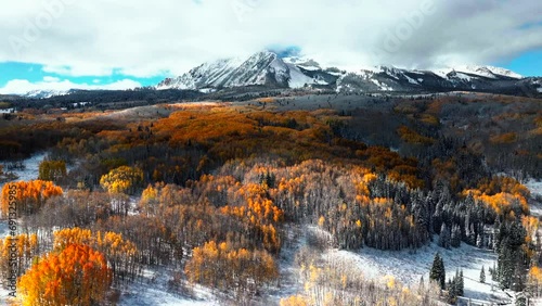 Kebler Pass Aspen Tree Forest largest organism Crested Butte Telluride Vail Colorado cinematic aerial drone red yellow orange first snow white Rocky Mountains landscape dramatic fall winter forward photo
