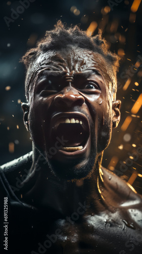 Black boxing man passionately screaming in the ring after fighting rival ,generative AI © Suralai