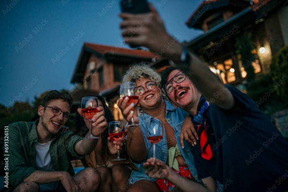 Relaxed evening with a multiethnic group – phone, wine, and friendship