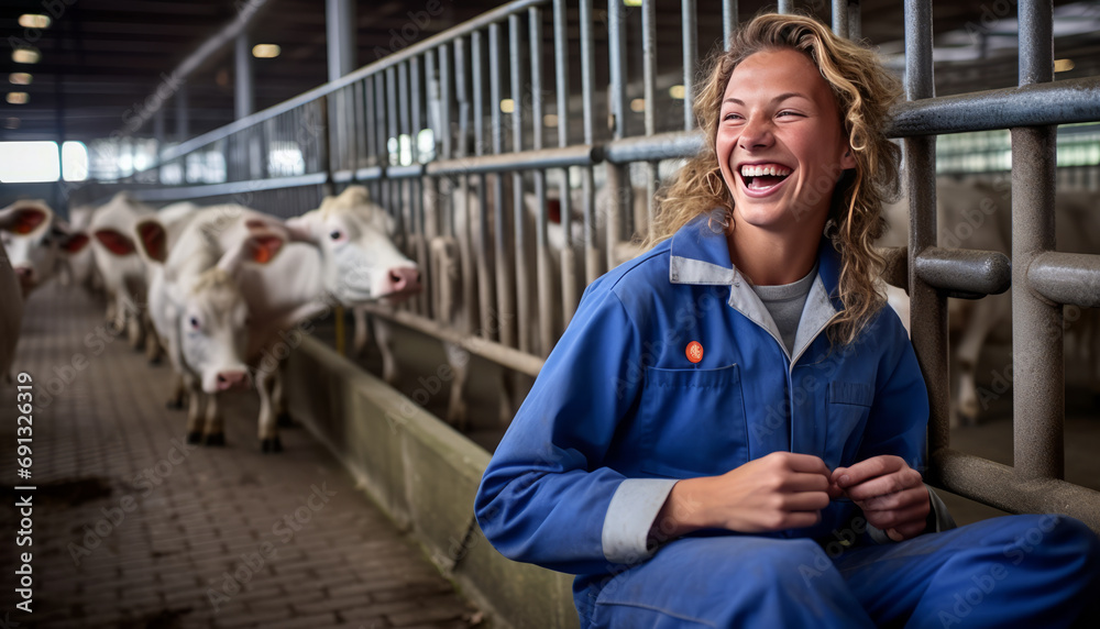 Lifestyle photo of a Dutch girl child farmer in hir stable feeding the cows generative ai