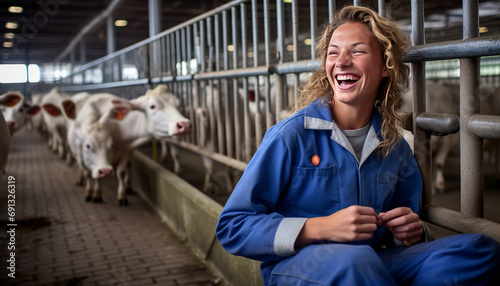 Obraz na płótnie Lifestyle photo of a Dutch girl child farmer in hir stable feeding the cows generative ai w salonie