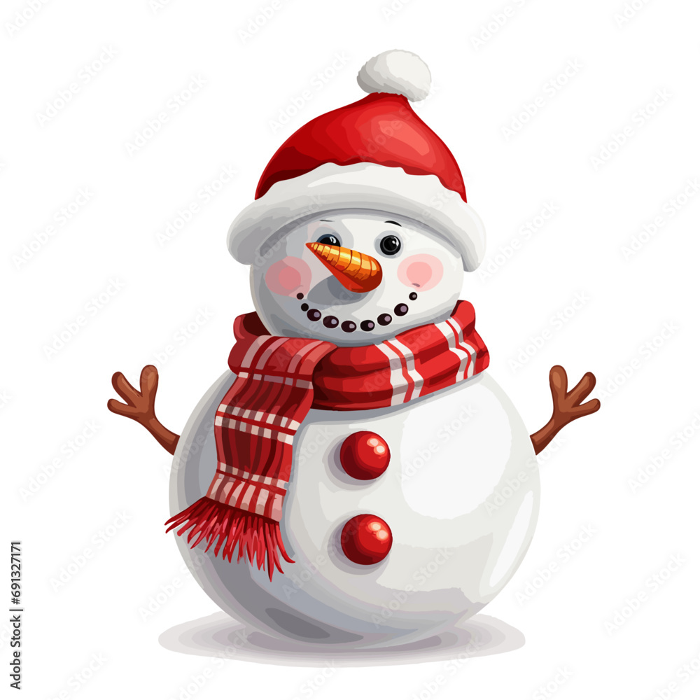 vector snowman in a red santa hat and in a red scarf without background for christmas postcards cartoon character style vector snowman in a red santa hat and in a red scarf without background for christmas postcards cartoon character style