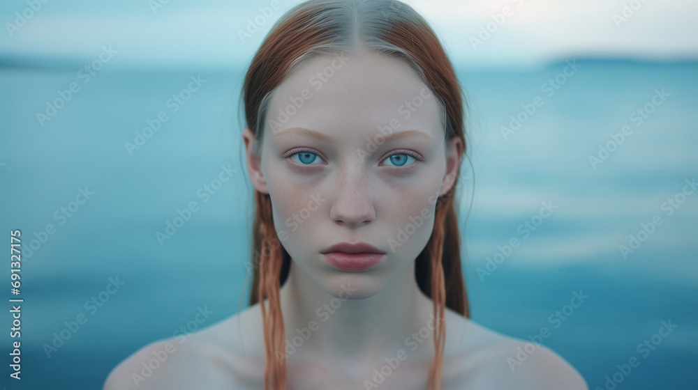 Portrait of a woman in black bathing suit on the lake coast