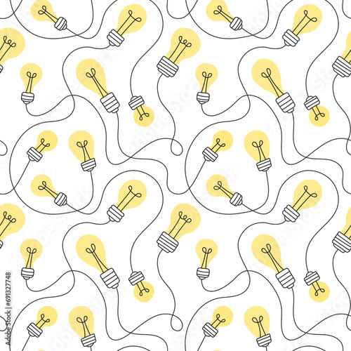 Cartoon pattern of yellow light bulbs on wire. Seamless pattern of yellow light bulbs on white background
