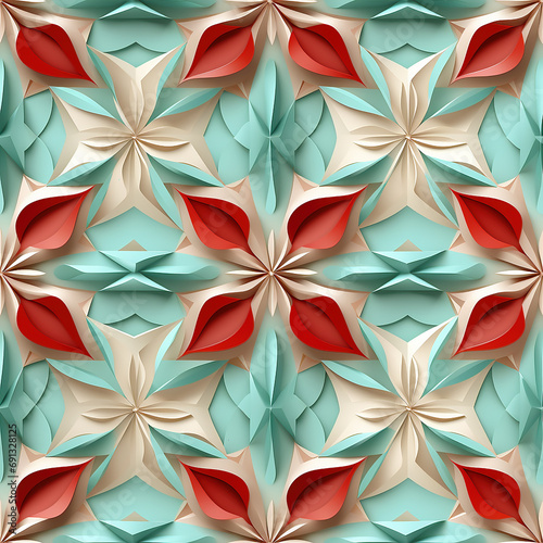 Seamless 3D floral pattern in red  white and green.