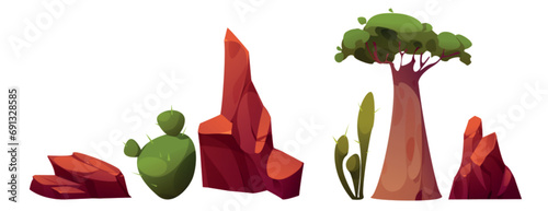 Elements for creating desert landscape - green cactus and tree  brown mountain and rocks. Cartoon vector illustration set of african or arizona scenery objects. Sahara vegetation and stones.