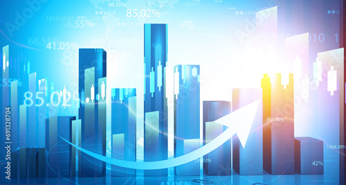 Business graphs and icons shows stock market growth. 3d illustration.