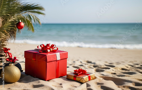 Christmas gift box on the sandy beach sea with palm trees In hot sun. Present tourist trip for Christmas and New Year to tropical countries, a vacation at the sea. 