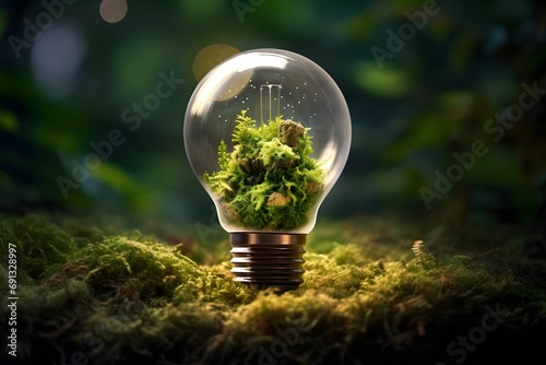 A plant sprout in a light bulb. Green energy. Green eco friendly lightbulb. Environmental Sustainability concept.