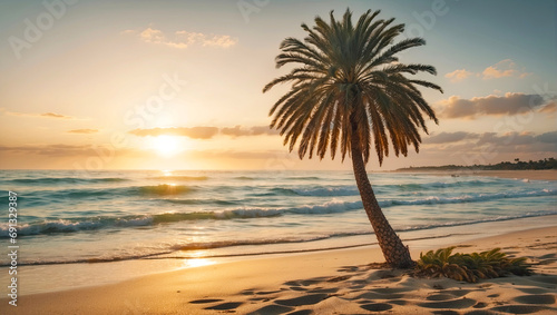 Palm tree on the sandy beach sea at sunset. Paradise Beach, vacation in a tropical country, Travel tour to the resort