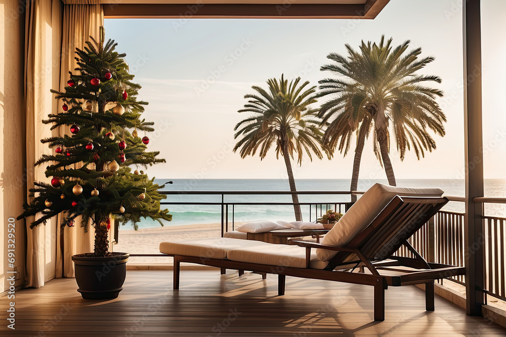 A Christmas tree is decorated on the balcony of a hotel with sun beds by the sea on vacation in a tropical country with palm trees at sunset. Travel for Christmas and New Year, tour to the resort