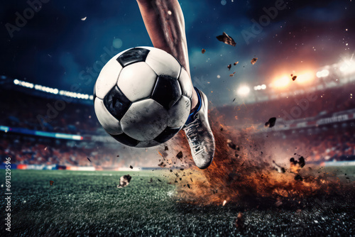 Stadium Action, Close-Up of Soccer Shoe Kicking the Ball - Intense Football Scene in Full Swing.