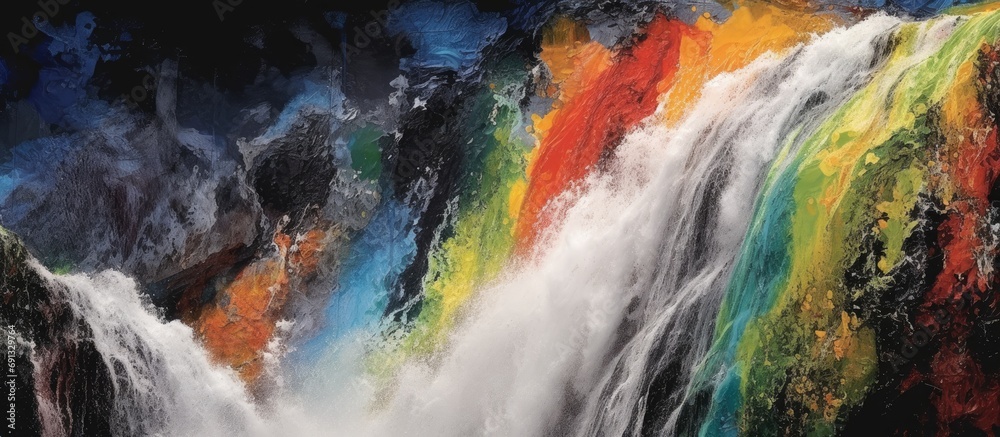 background, water cascades down a white waterfall, enveloped in a mist of smoke, while paint splatters in vibrant green, black, blue, and orange hues, creating a colorful masterpiece of bold and