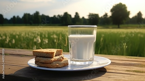 a glass of milk and bread are on a tray on a farm