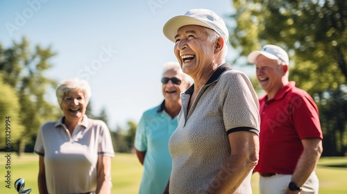 A group of friends in their 60s and 70s play a game of golf on a sunny day