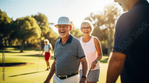 A group of friends in their 60s and 70s play a game of golf on a sunny day