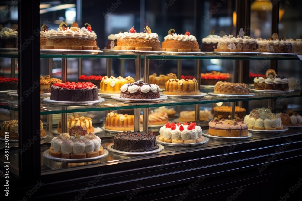 a long display of cakes in a glass cabinet