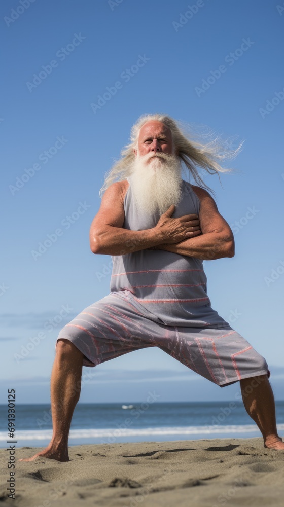 Naklejka premium A man in his 80s practices yoga on a beach, with the ocean in the background