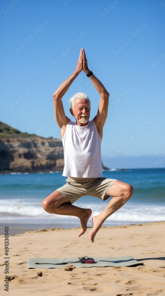 A man in his 80s practices yoga on a beach, with the ocean in the background A man in his 80s practices yoga on a beach, with the ocean in the background