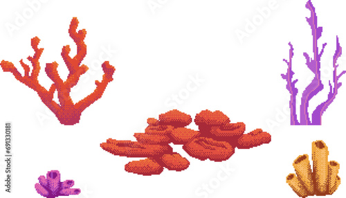 Pixel coral and seaweed set for 8-bit retro style video game or mobile app.