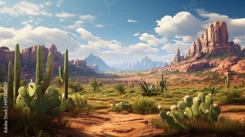 Wild West Texas desert landscape with mountains and cacti.