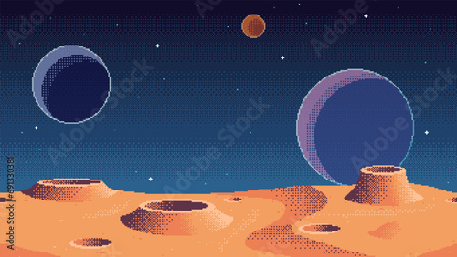 Pixel art planet surface background with moons in the sky. Cosmic game location. Outer space seamless vector illustration.