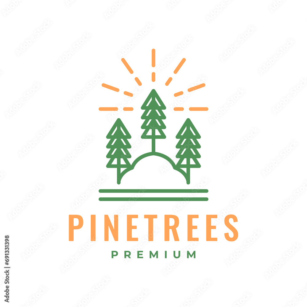 pines tree forest sunburst line style simple minimal colorful logo design vector icon illustration